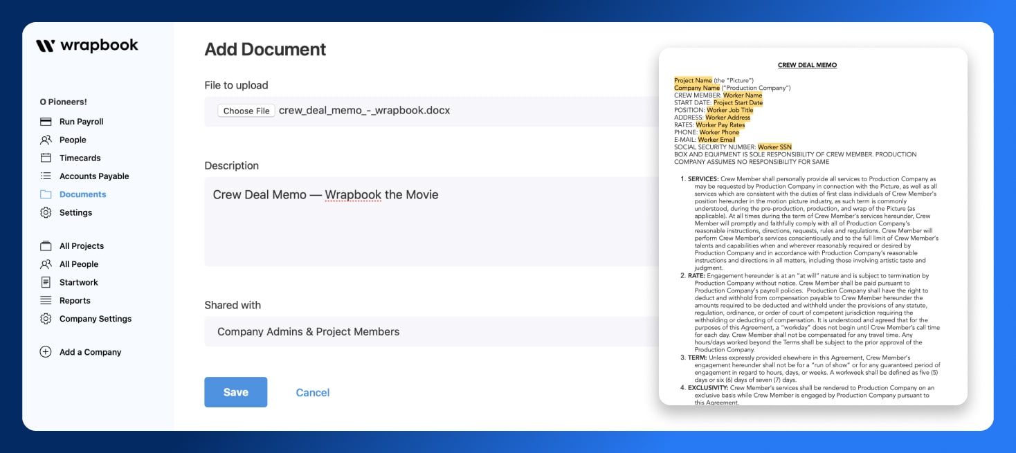 Crew Deal Memo in Software - Wrapbook